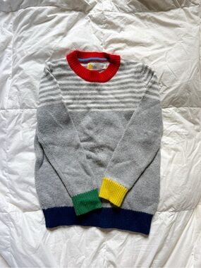 Mini Boden Grey Striped Sweater with Red Collar and Color-Block Cuffs